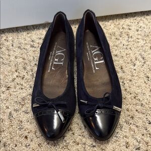 AGL Navy Suede Flats with Black Patent Cap Toe